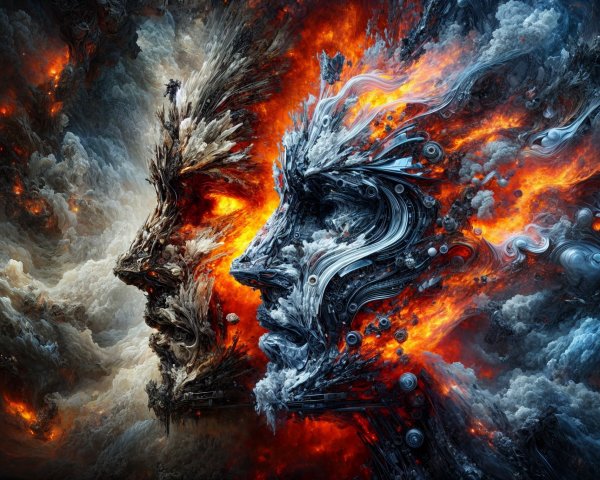 Fusion of Human Faces in Clouds and Fire Elements
