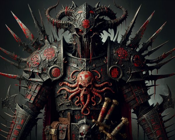 Armored Figure in Dark Armor with Octopus Motif