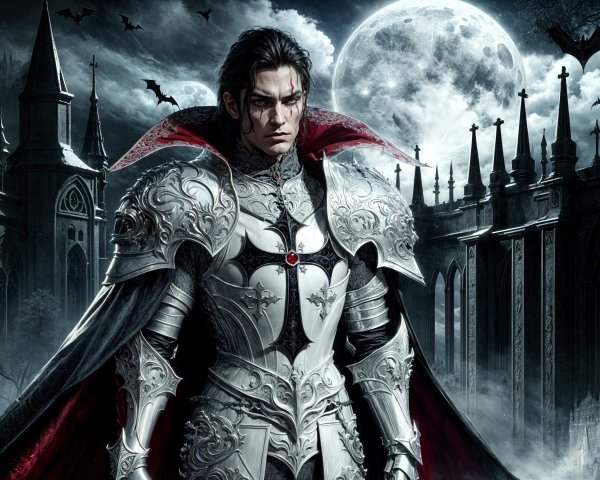 Brooding Figure in Silver Armor Against Gothic Castle