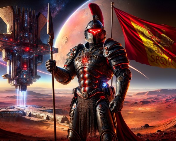 Futuristic Warrior on Red Planet with High-Tech Structure