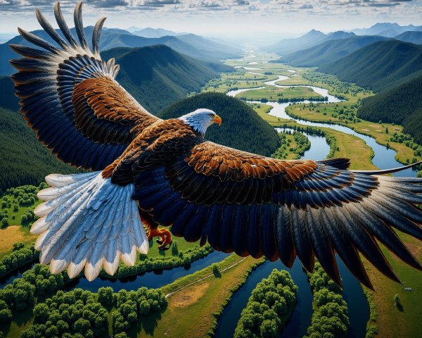 Eagle Soaring Over Lush Green Landscape and River