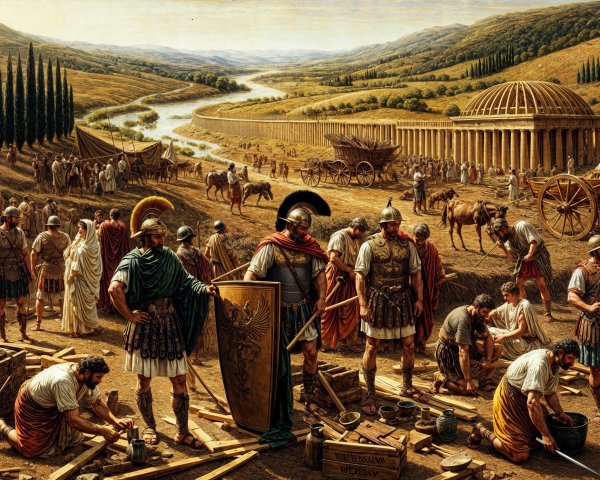 Ancient Roman Settlement with Soldiers and Workers