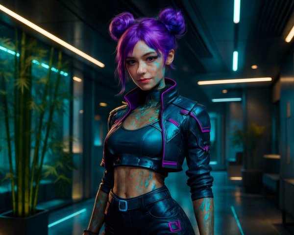 Woman with Purple Hair in Futuristic Neon Hallway