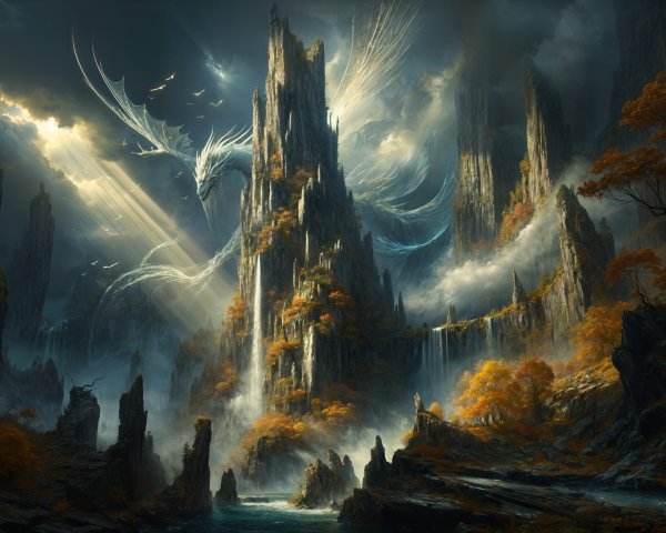 Fantastical Landscape with Mountains and Dragon Soaring