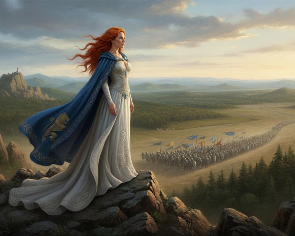 Queen Overlooking Soldiers in a Vast Landscape