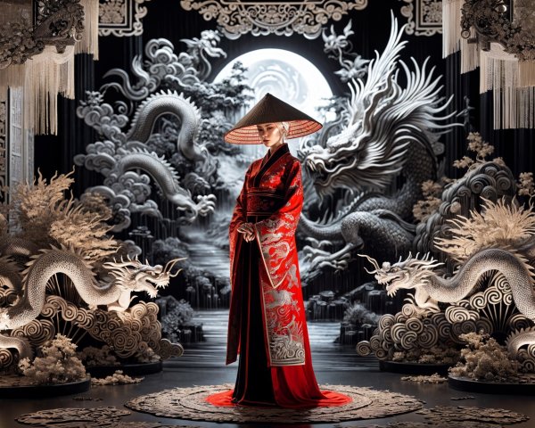 Vibrant Red Robe with Dragon Motifs and Moon Backdrop