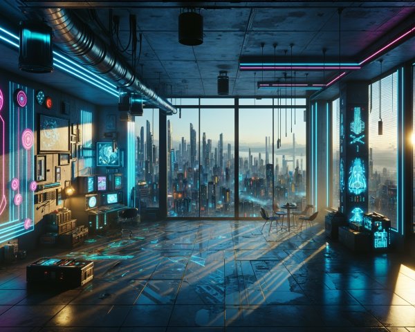 Futuristic Room with Metallic Walls and City View