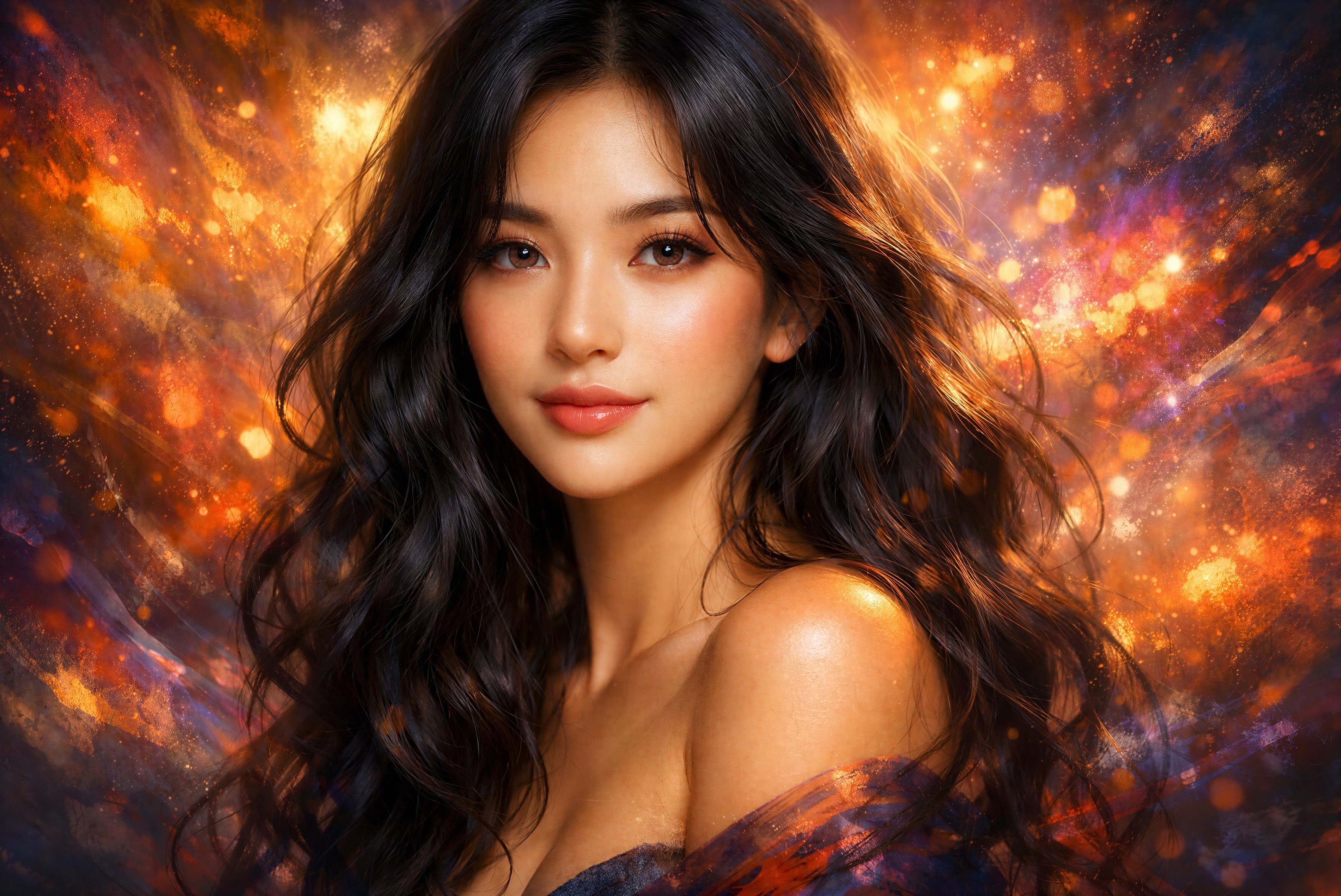 Young woman with long black hair in vibrant backdrop