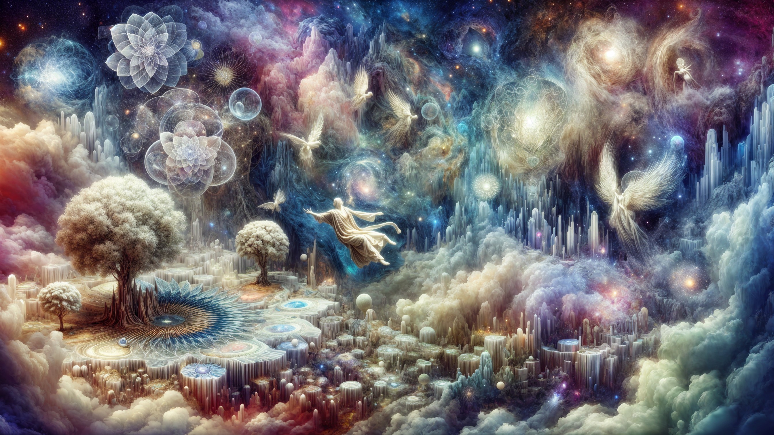 Fantastical Landscape with Ethereal Trees and Crystals