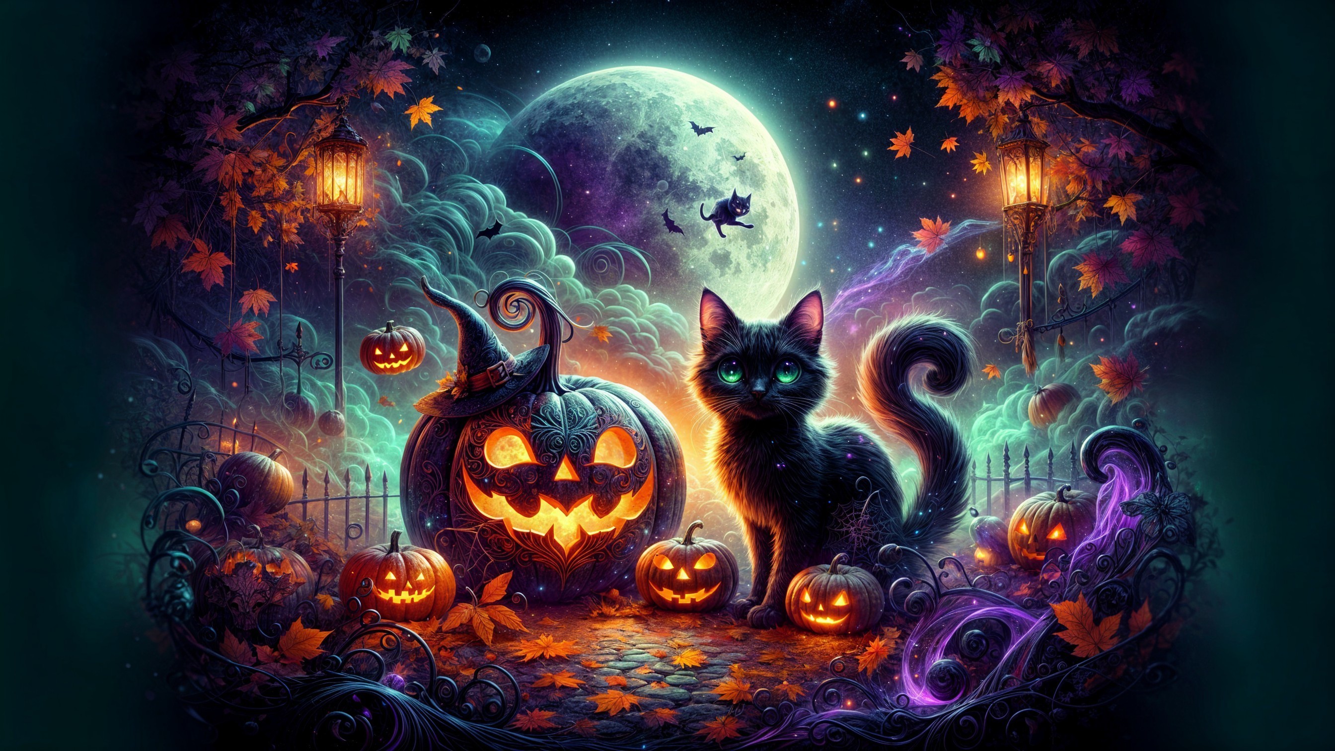 Mystical Halloween Scene with Black Cat and Pumpkins