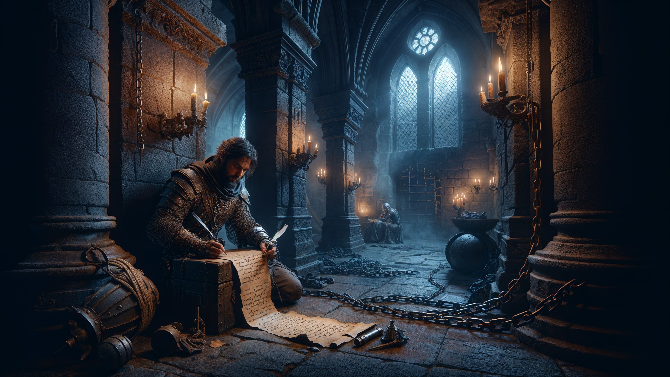 Knight Writing in a Dimly Lit Medieval Chamber