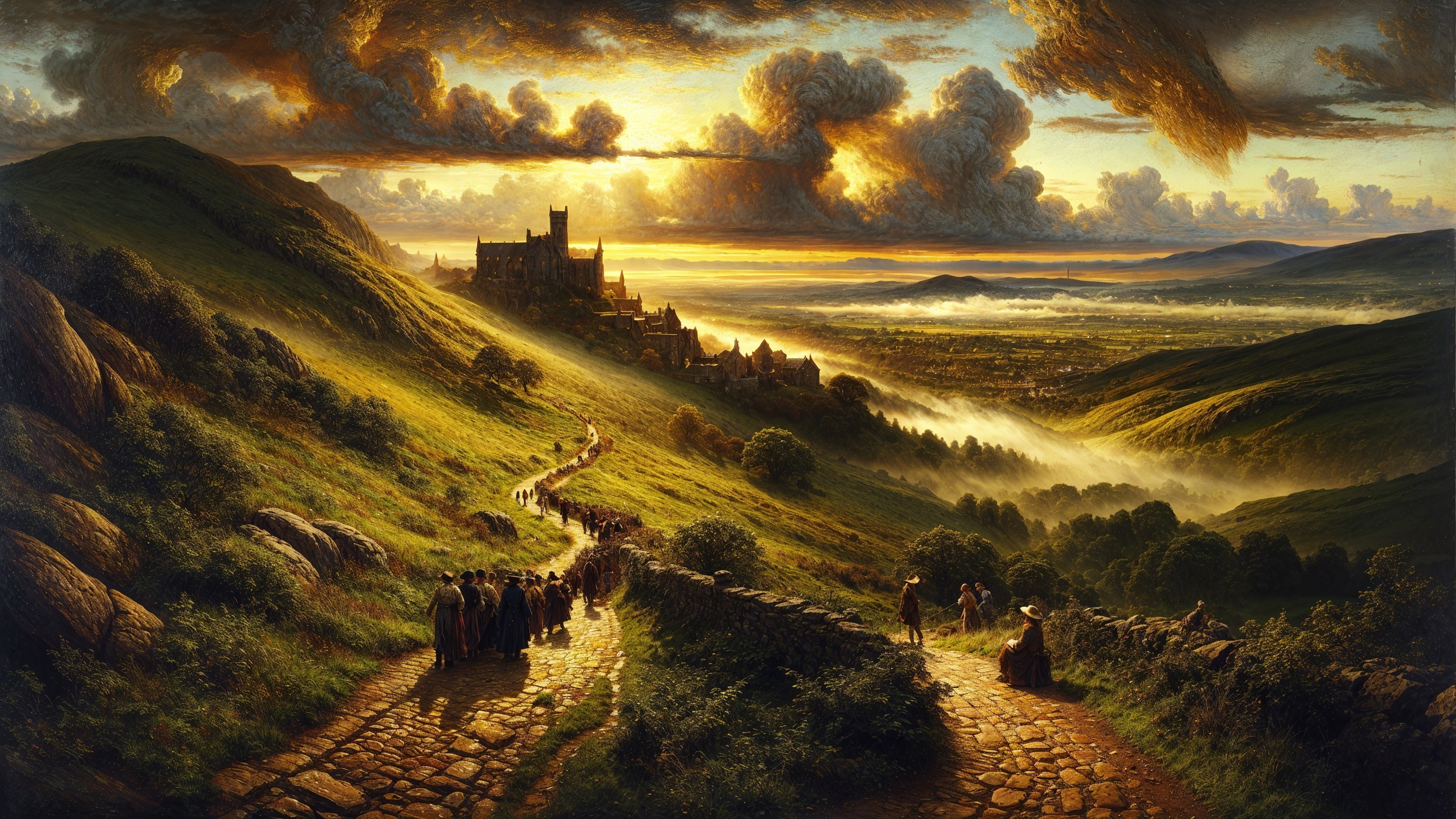 Serene Landscape with Rolling Hills and Medieval Village