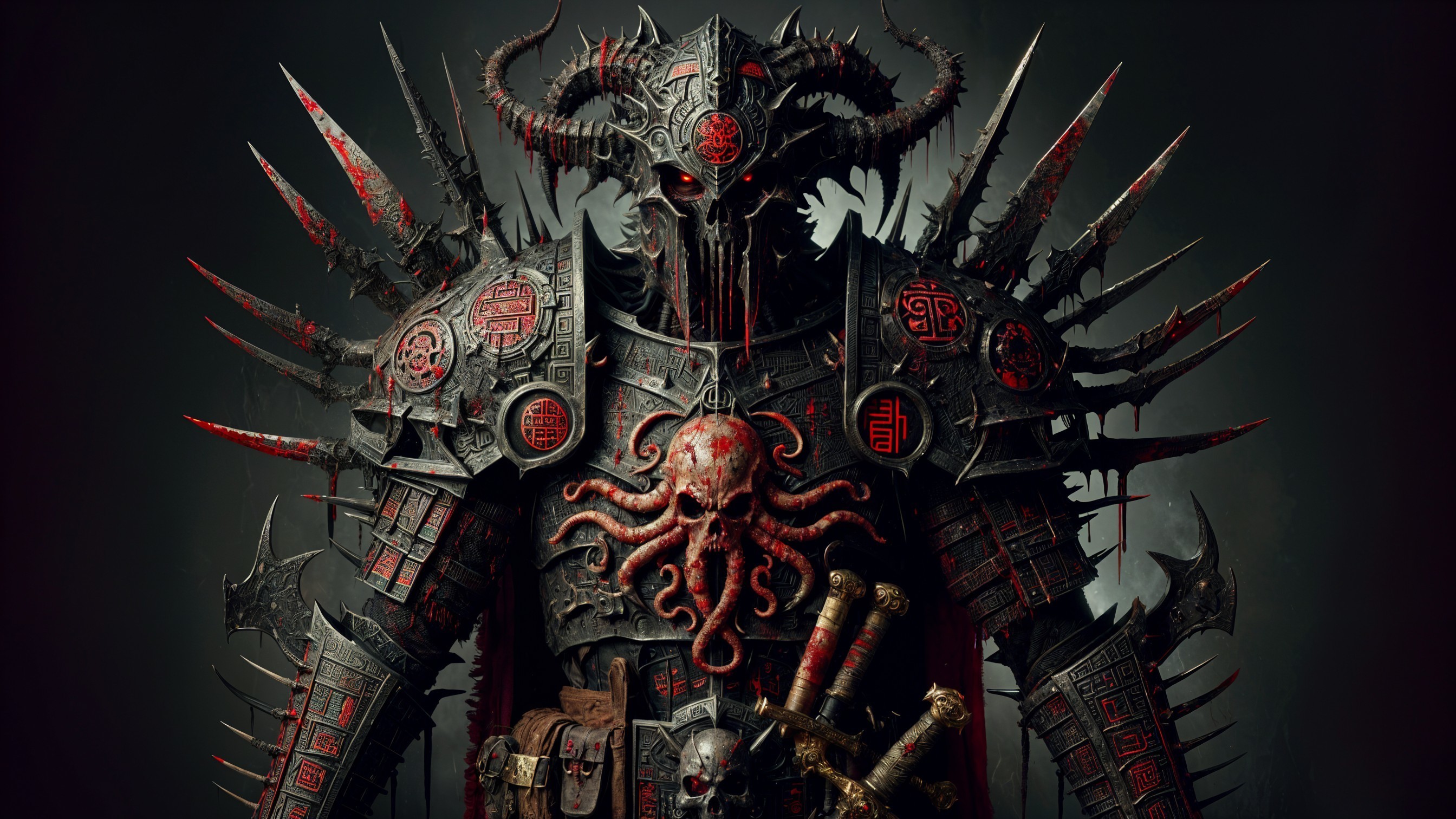 Armored Figure in Dark Armor with Octopus Motif