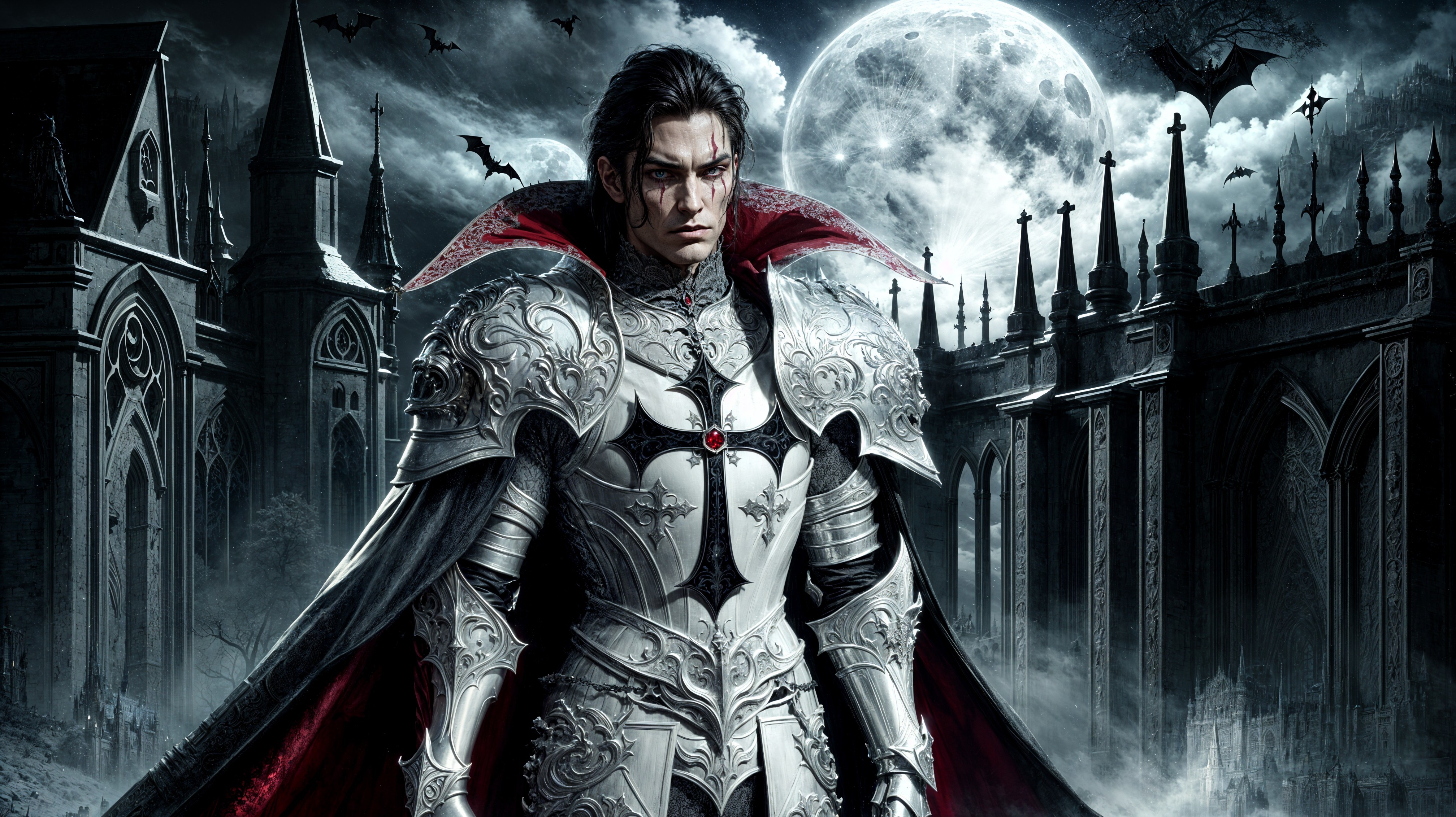 Brooding Figure in Silver Armor Against Gothic Castle