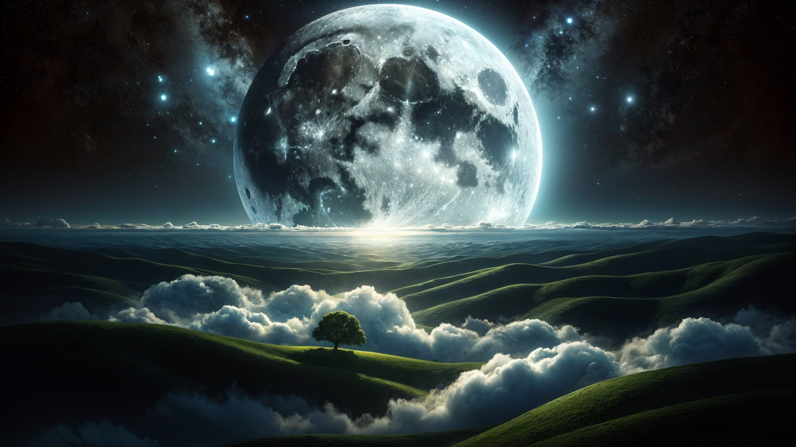 Full Moon Over Serene Rolling Hills and Clouds