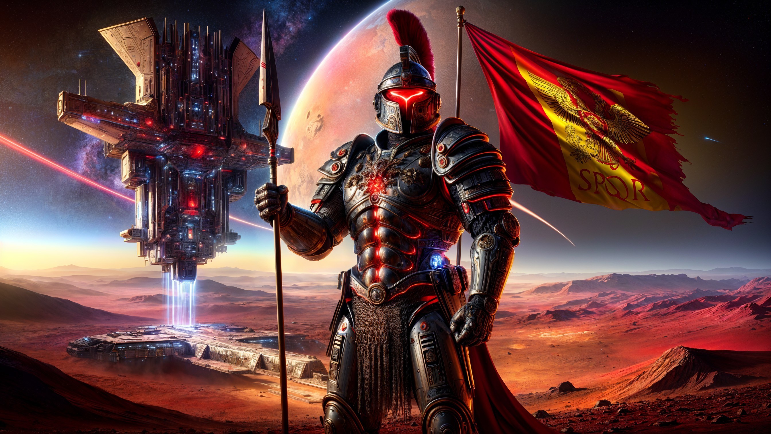 Futuristic Warrior on Red Planet with High-Tech Structure