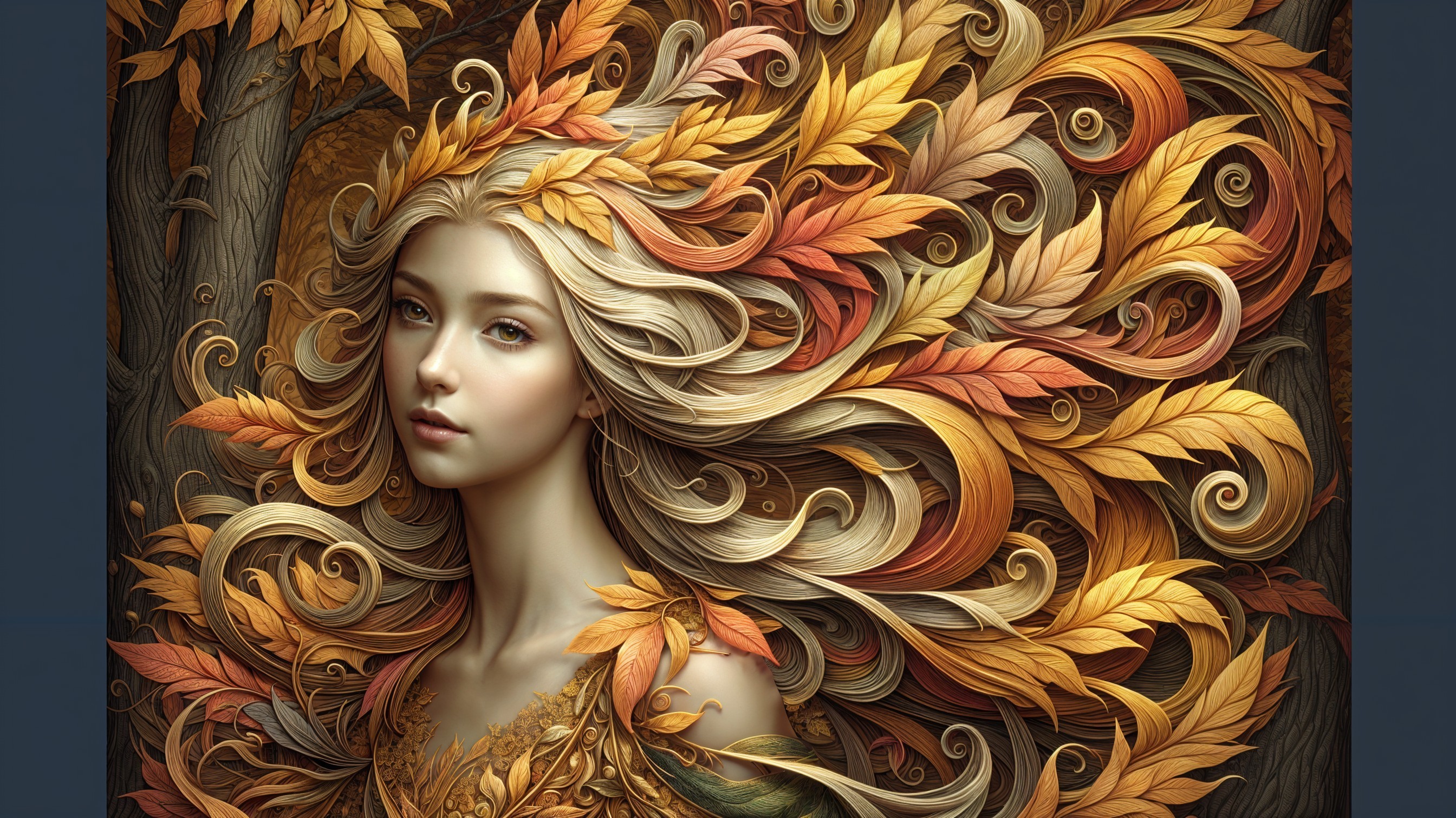 Young Woman with Autumn-Inspired Hair and Forest Background