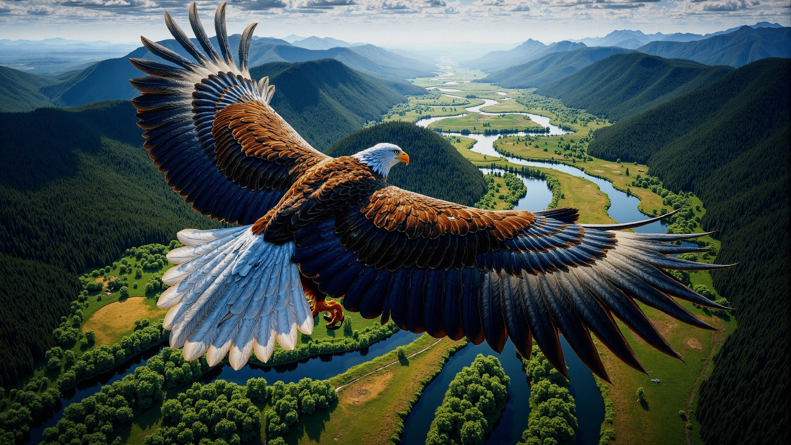 Eagle Soaring Over Lush Green Landscape and River