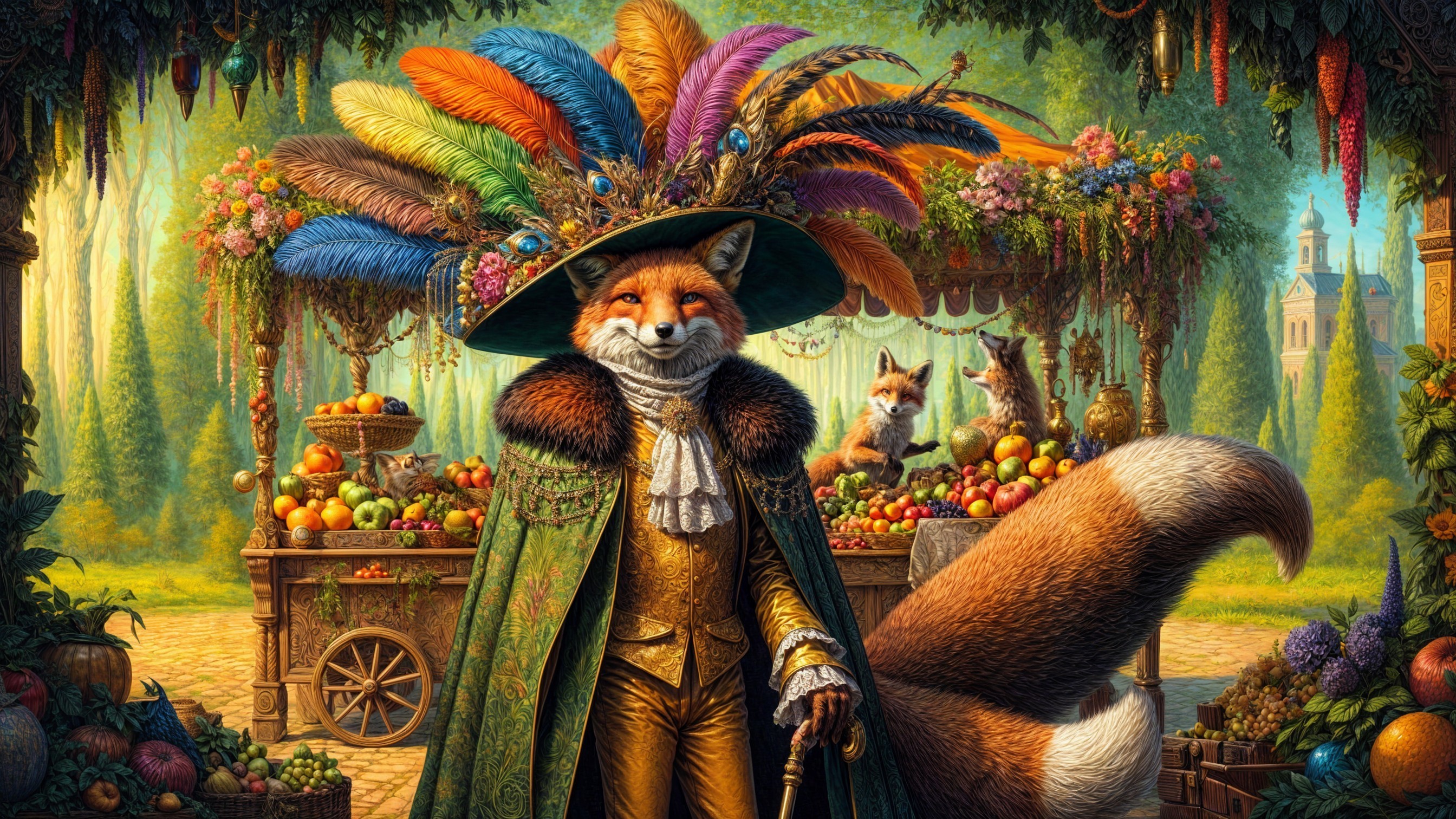 Dapper fox in vibrant market with colorful produce