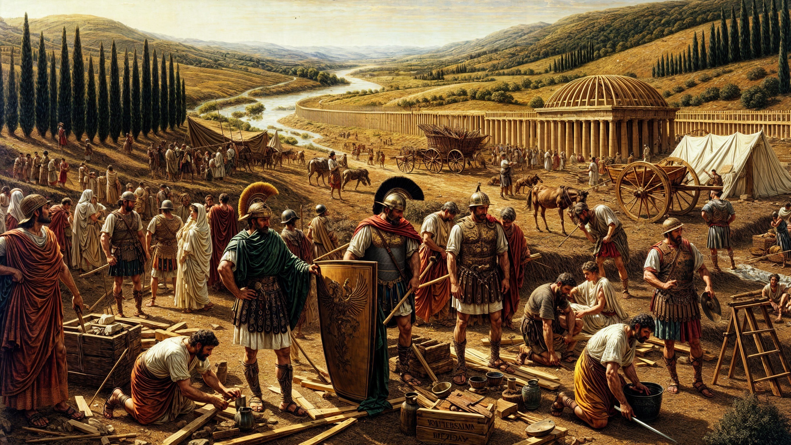 Ancient Roman Settlement with Soldiers and Workers