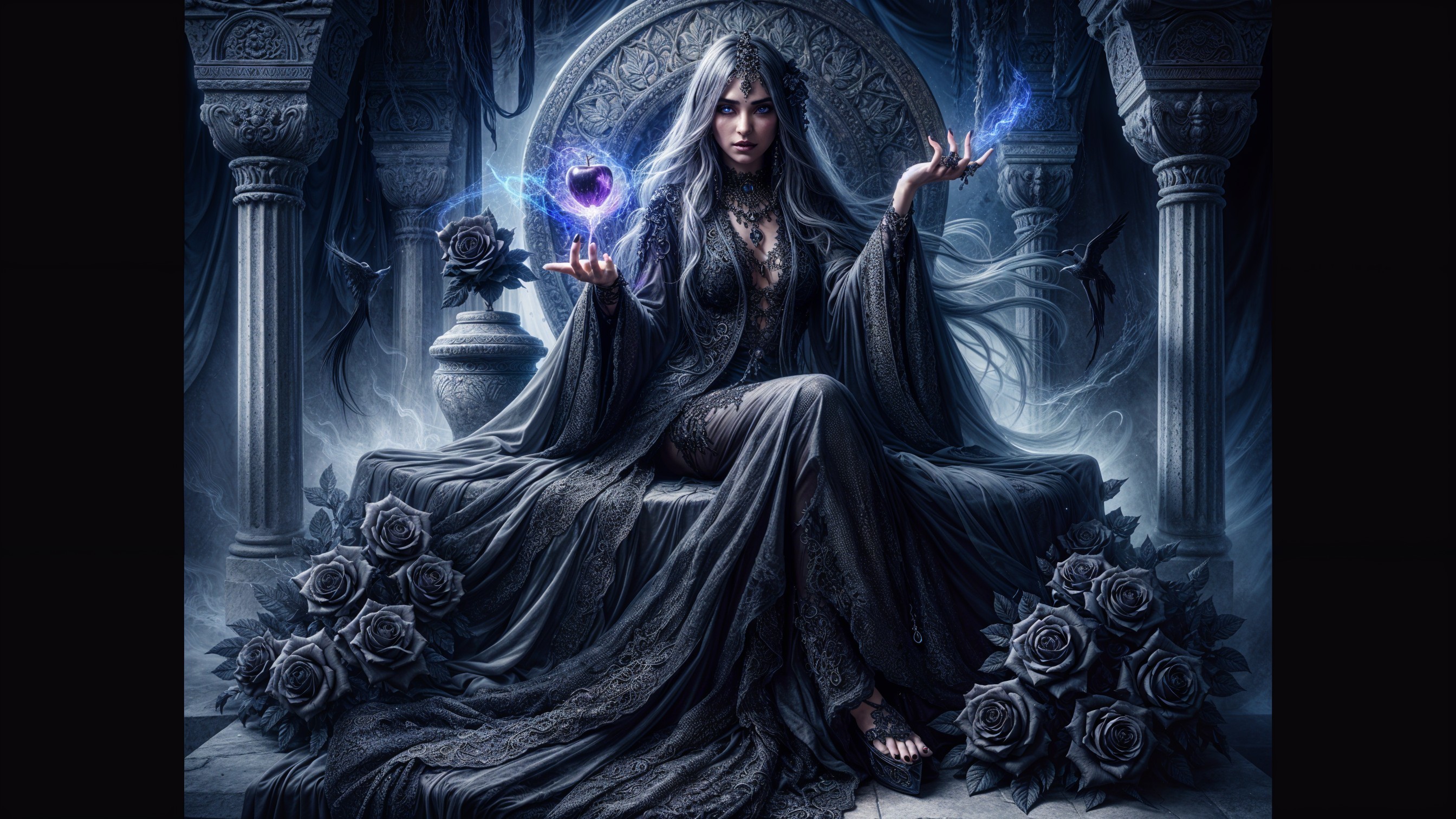 Mysterious Woman on Throne with Magical Orbs