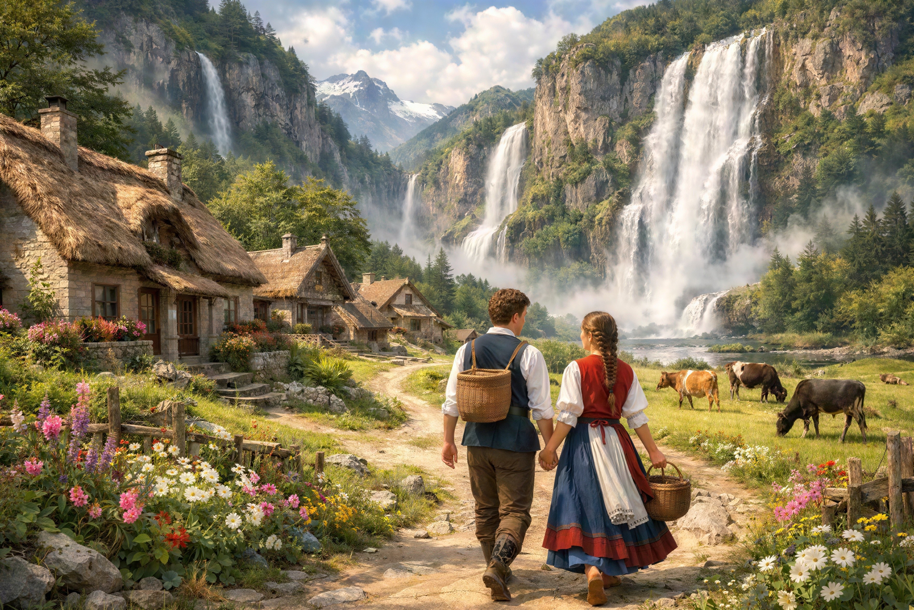 Alpine Landscape with Waterfalls and Cottages