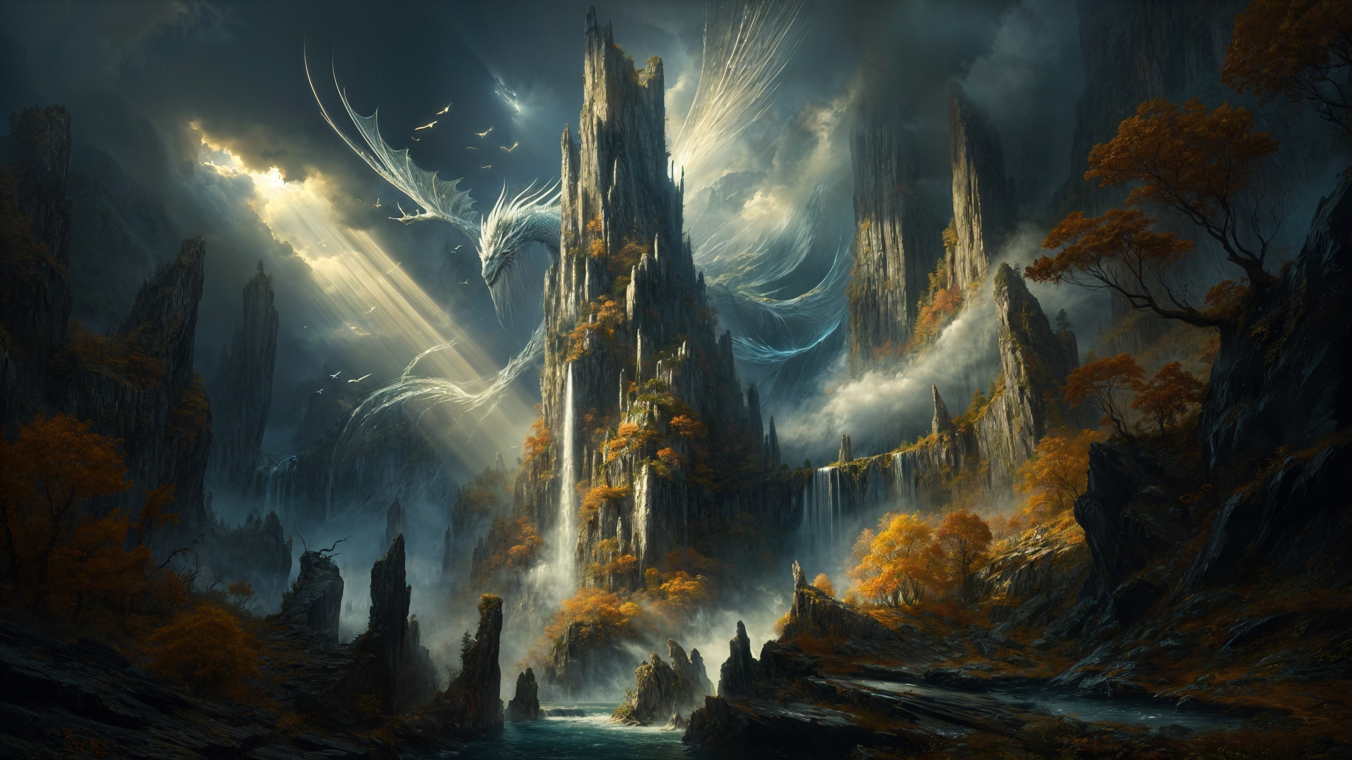 Fantastical Landscape with Mountains and Dragon Soaring