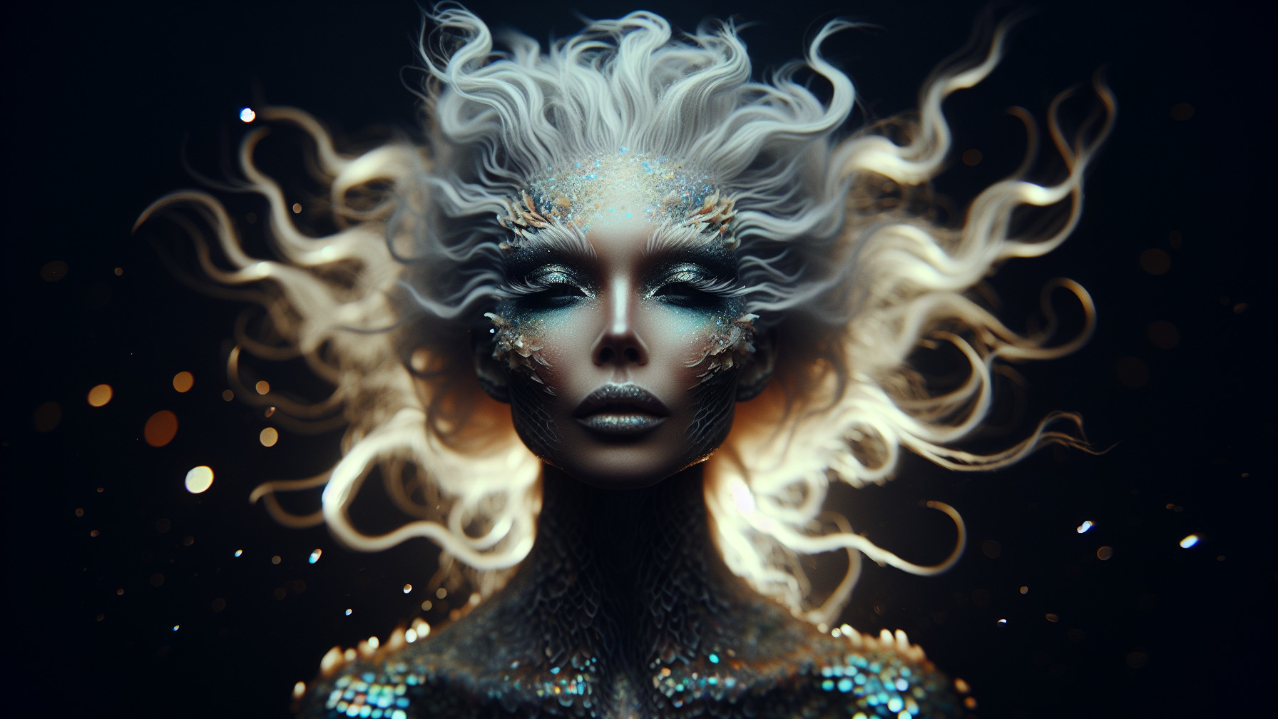 Ethereal figure with silver hair in a mystical setting