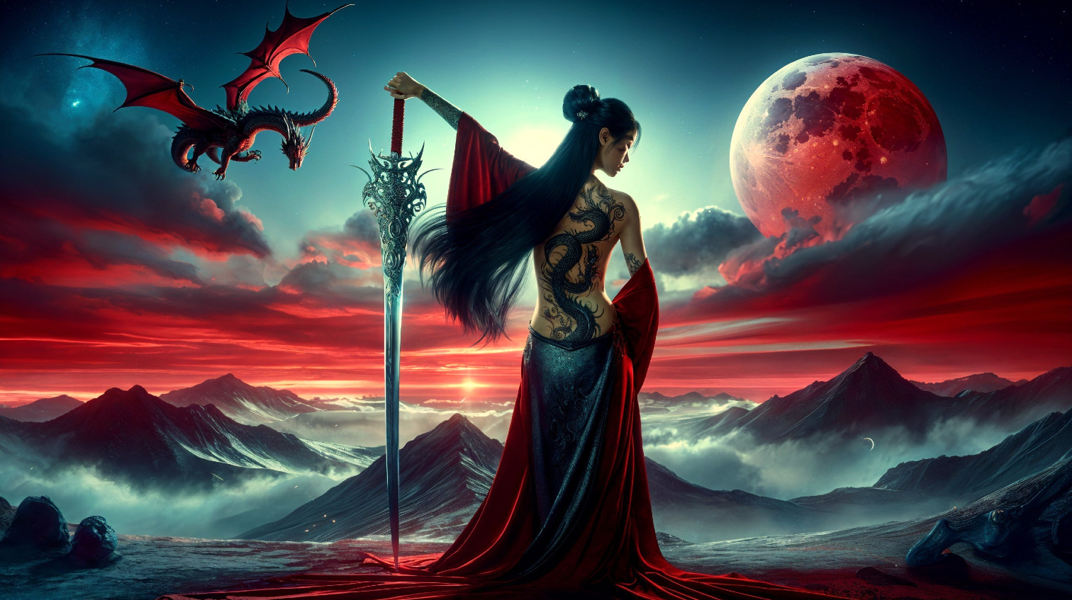 Mystical Landscape with Dark Figure and Dragon