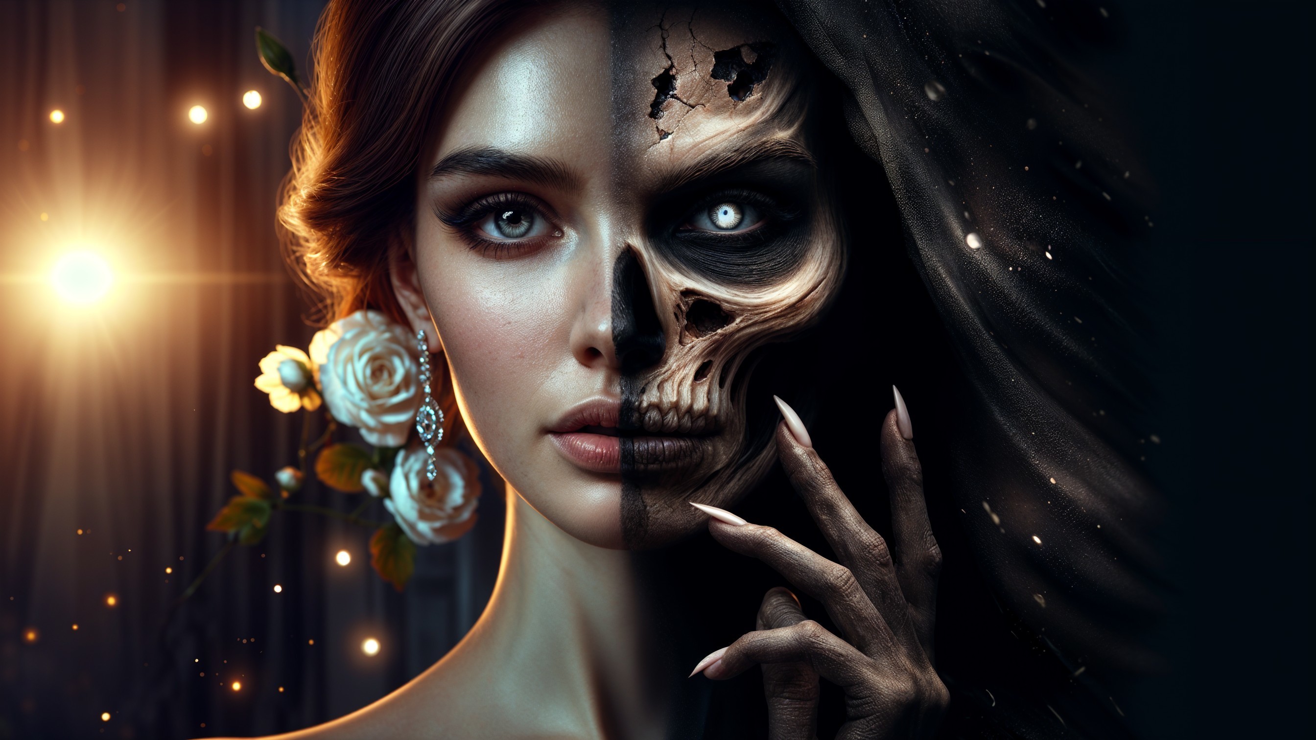 Contrast of Beauty and Decay in a Divided Portrait