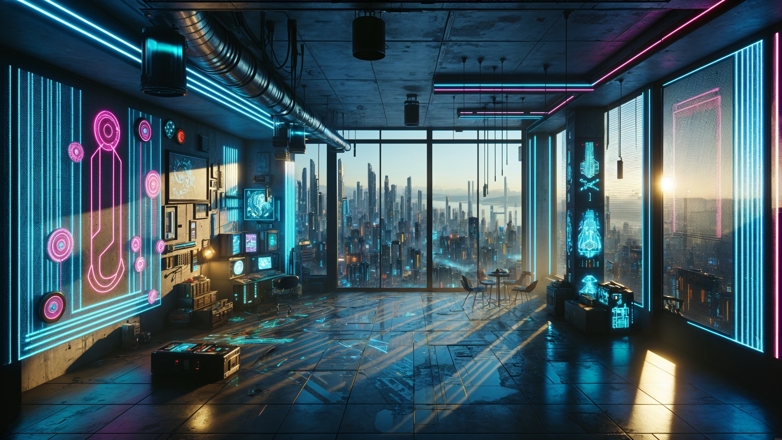 Futuristic Room with Metallic Walls and City View