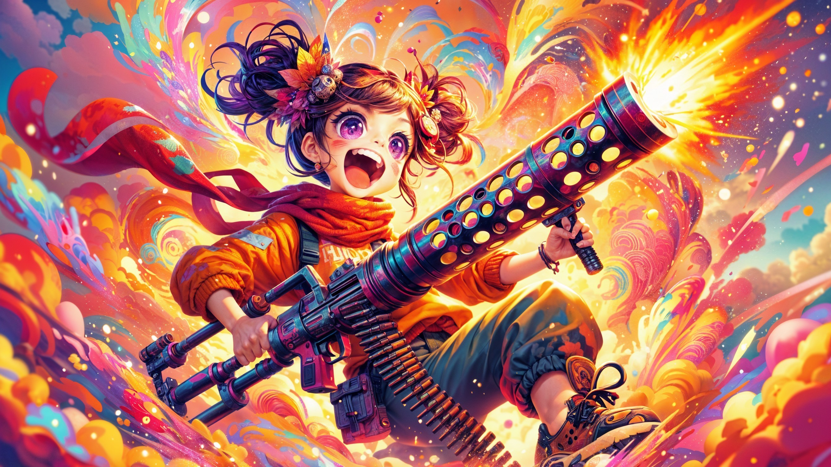 Young girl with pigtails and colorful weapon in vibrant scene