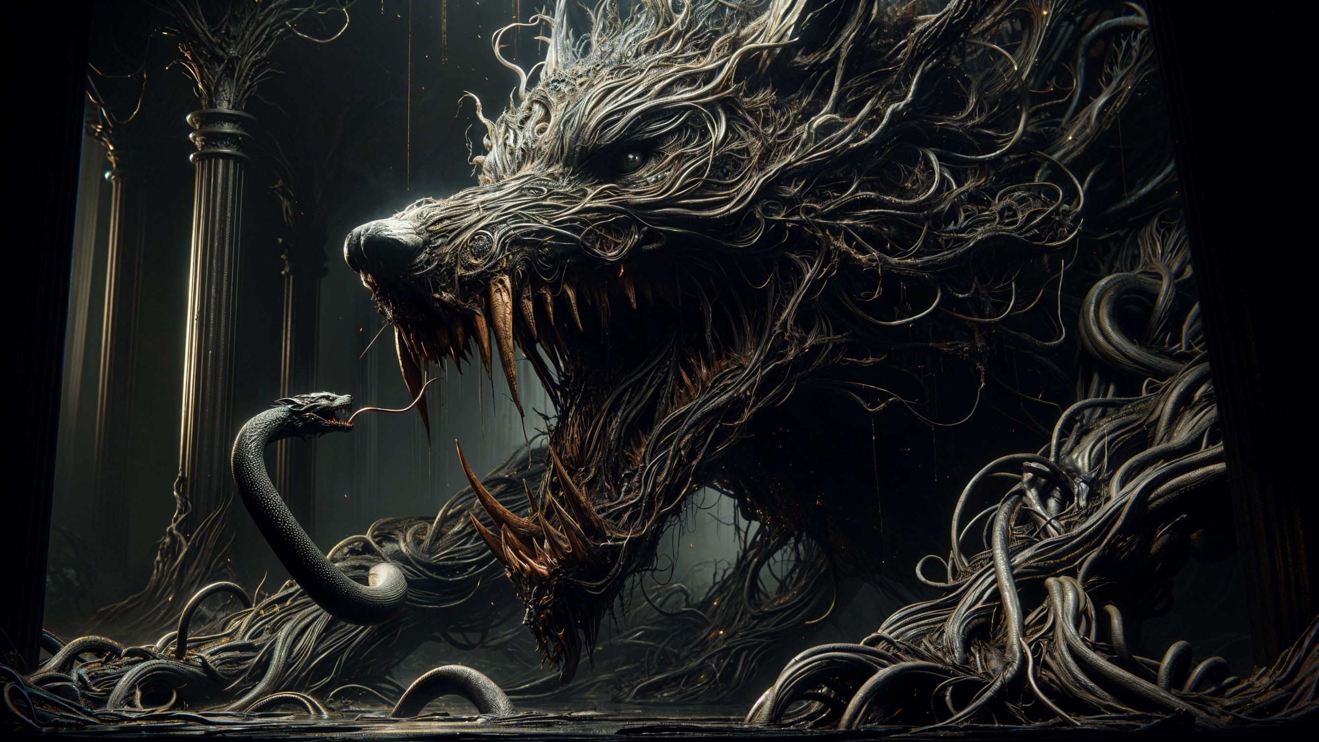 Mythical Wolf Creature Made of Roots and Vines