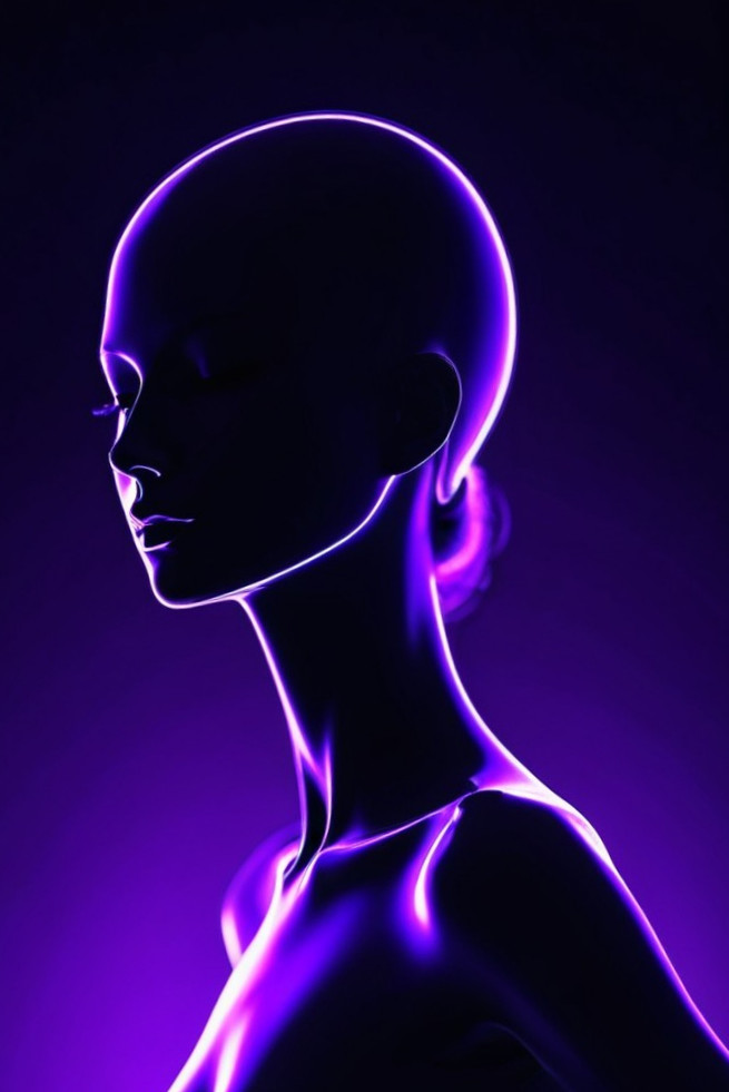 Futuristic mannequin illuminated by violet glow