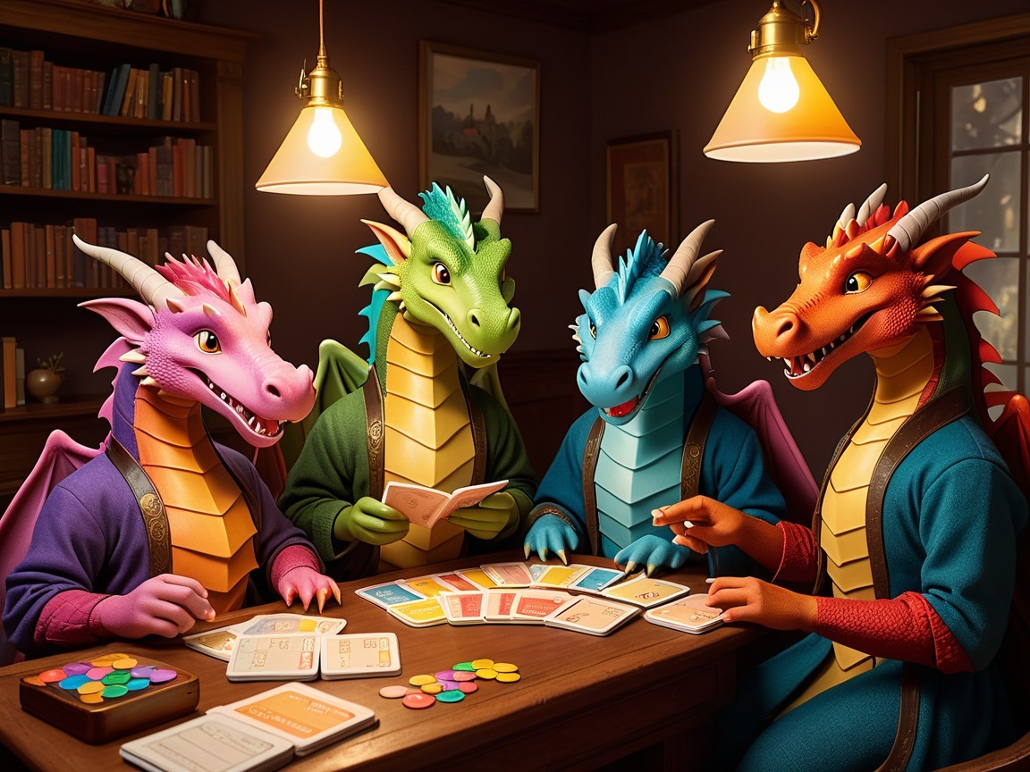 Dragons Playing Board Game in Cozy Room Setting