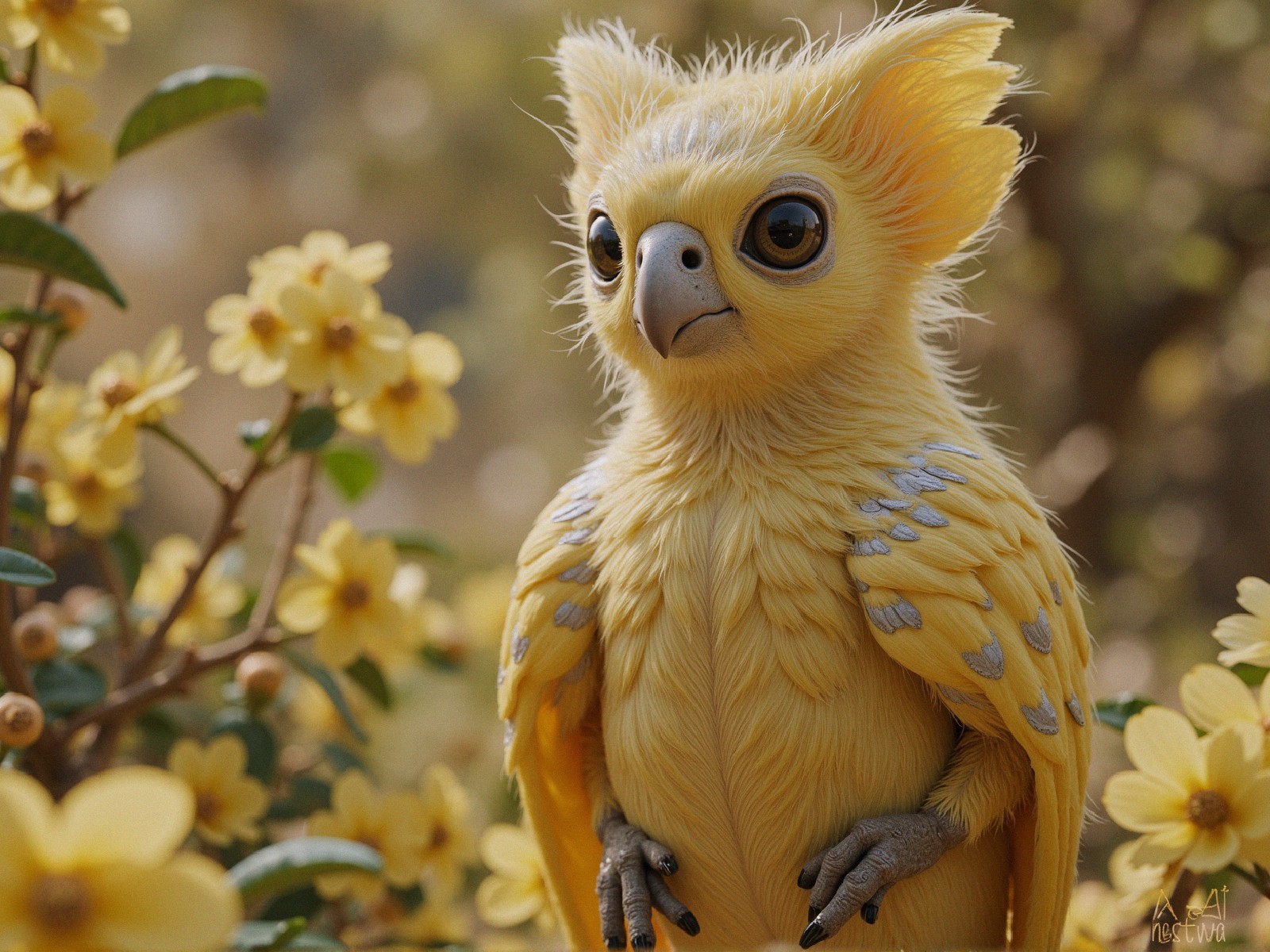 Whimsical Creature Among Vibrant Yellow Flowers