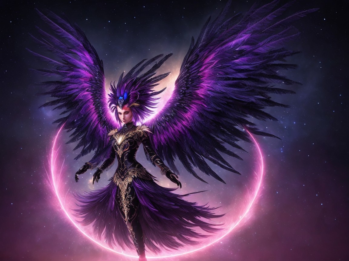 Majestic Figure with Purple Wings in Cosmic Setting