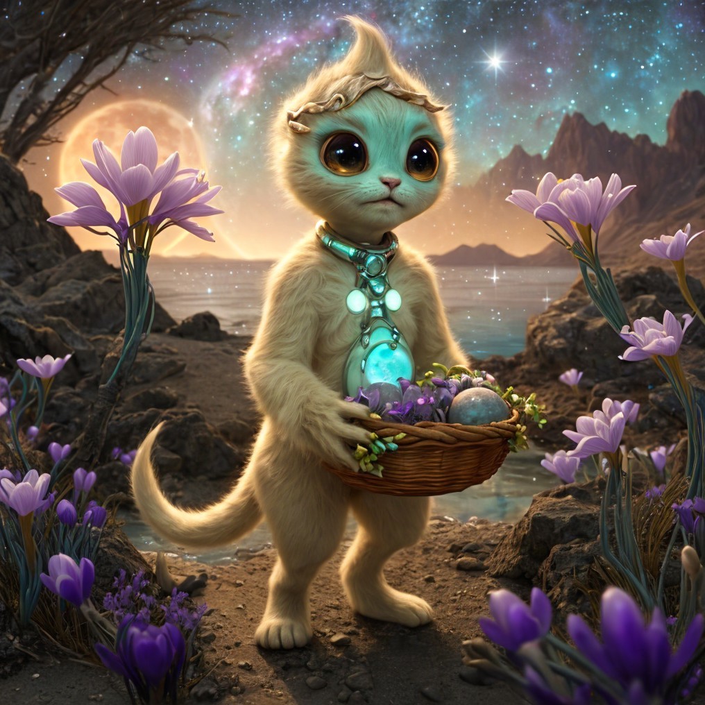Whimsical Feline Creature in a Fantastical Landscape