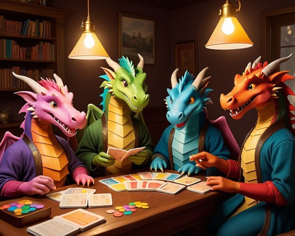 Dragons Playing Board Game in Cozy Room Setting