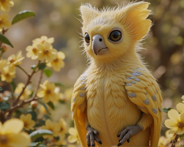 Whimsical Creature Among Vibrant Yellow Flowers