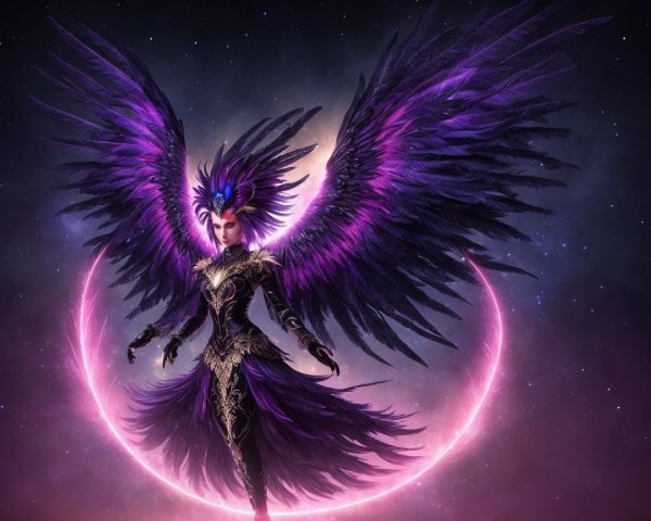 Majestic Figure with Purple Wings in Cosmic Setting