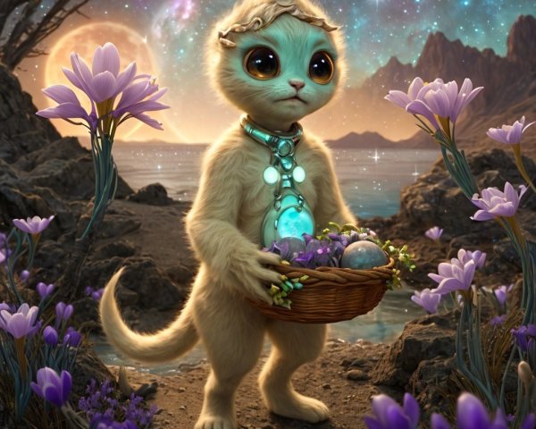 Whimsical Feline Creature in a Fantastical Landscape