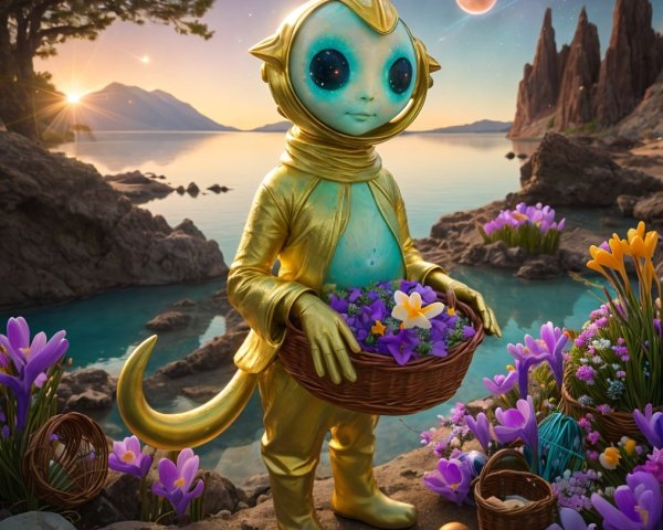 Whimsical Creature by Tranquil Water in Fantasy Landscape