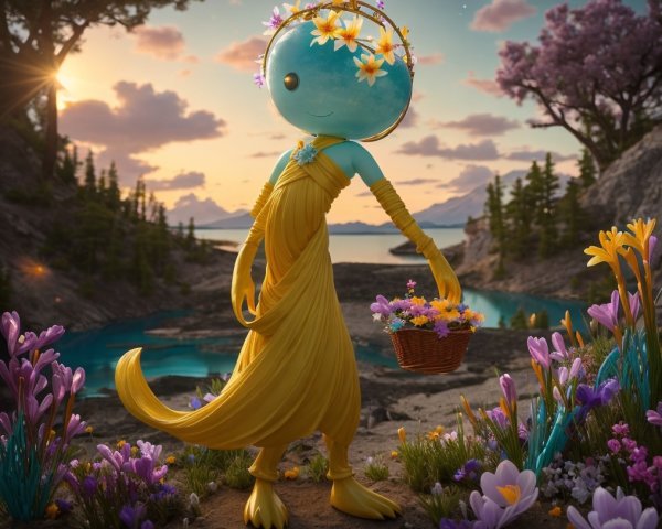 Whimsical Nature Character in Vibrant Floral Landscape