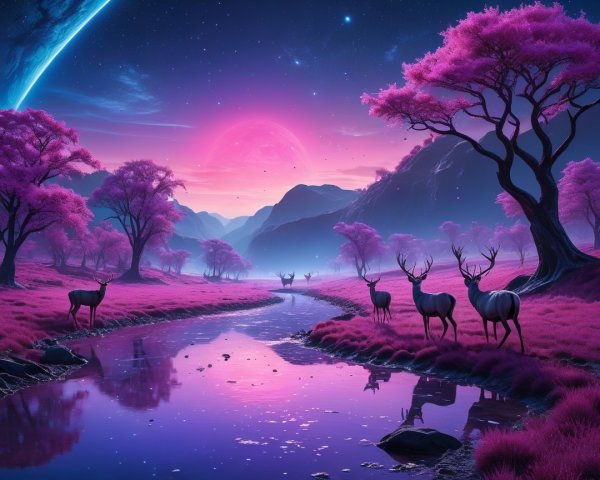 Surreal Landscape with Pink Trees and Starry Sky