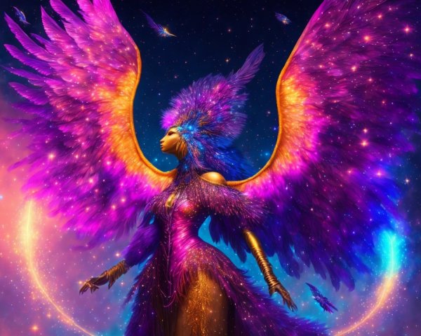 Majestic Figure in Cosmic Setting with Ethereal Wings
