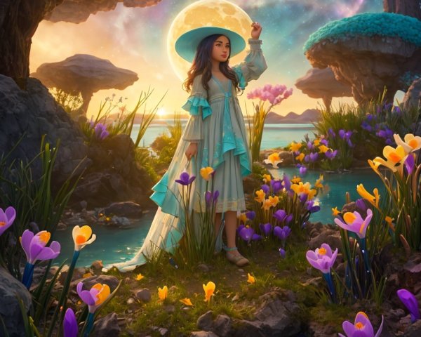 Young girl in a magical landscape with vibrant flowers