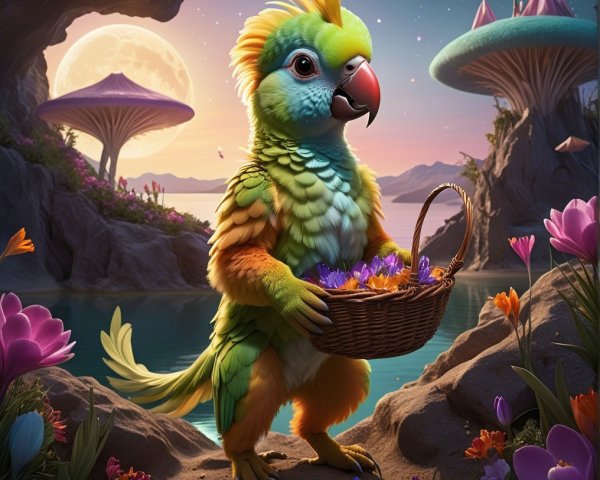 Colorful Parrot by Serene Lake in Whimsical Landscape