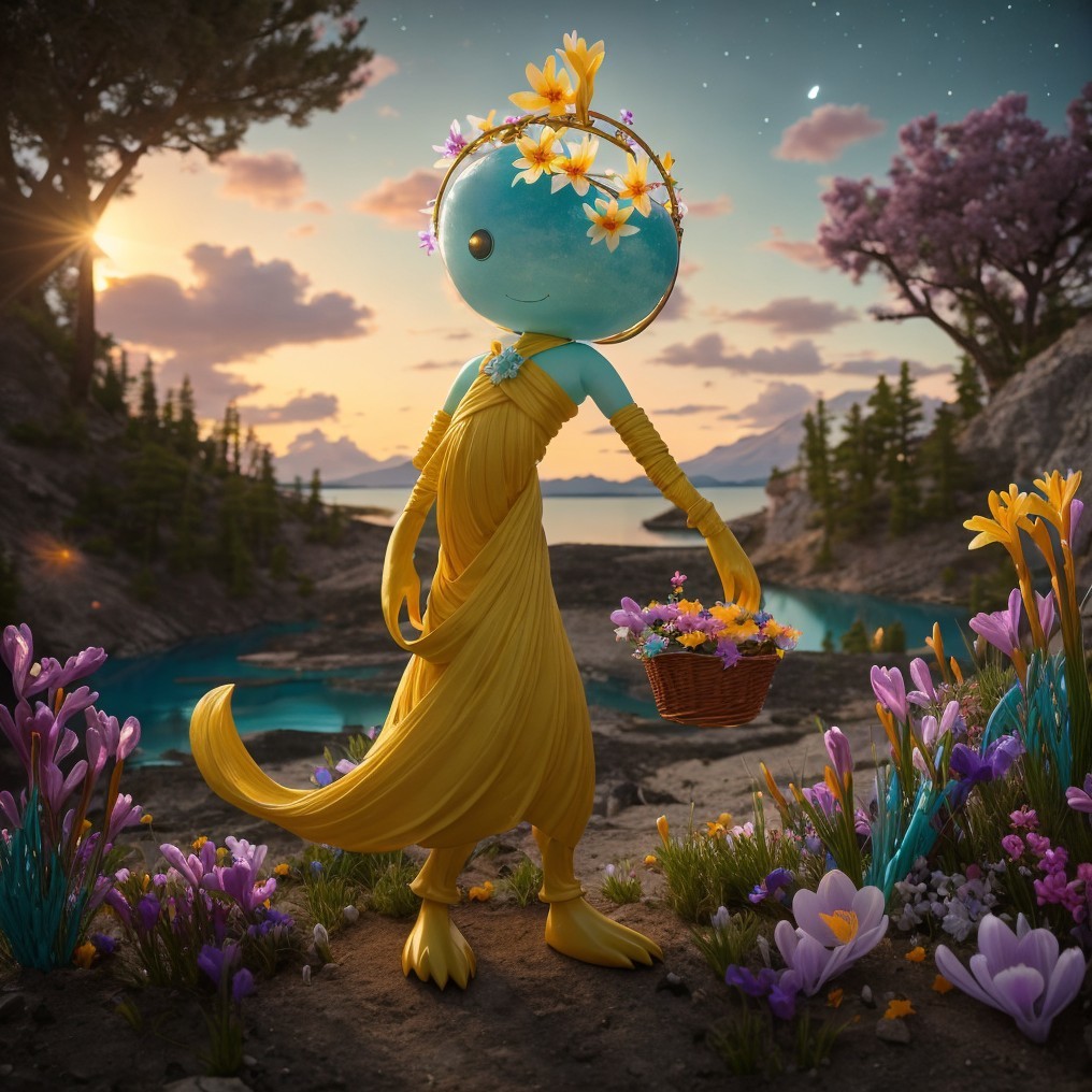 Whimsical Nature Character in Vibrant Floral Landscape