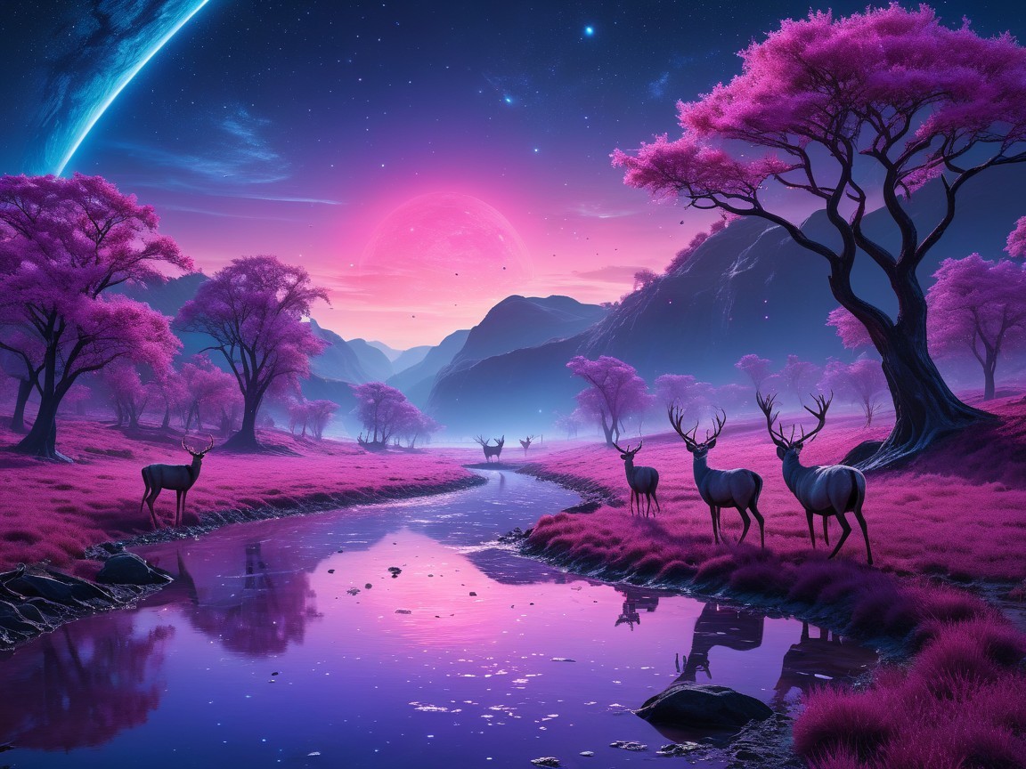 Surreal Landscape with Pink Trees and Starry Sky
